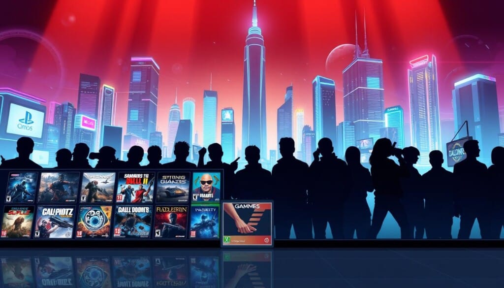 A high-resolution digital illustration depicting a dynamic display of upcoming video game titles. The foreground features a sleek, minimalist arrangement of game covers and box art, showcasing a diverse range of genres and platforms. The middle ground depicts silhouettes of gamers, their expressions conveying excitement and anticipation. The background is a vibrant, futuristic cityscape with neon-lit skyscrapers and holographic displays, creating a sense of technological advancement and a glimpse into the future of gaming. The lighting is a balanced mix of warm and cool tones, evoking a sense of excitement and innovation. The overall composition and perspective create a visually striking and immersive scene that captures the spirit of the "Upcoming Game Titles and Releases" section.