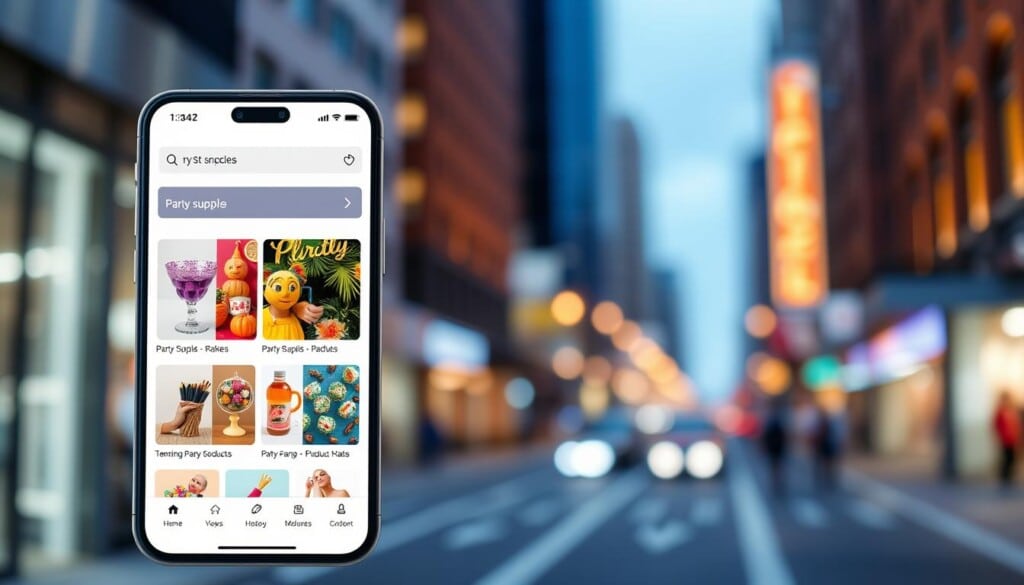A high-resolution image of a modern, well-lit mobile app interface for LocalZ, showcasing the navigation for party shopping. The app's home screen displays a crisp, inviting grid of party supply categories, each with vivid product thumbnails. The foreground features a sleek search bar and intuitive filter options, while the middle ground highlights a curated selection of trending party products. The background depicts a soft, blurred urban cityscape, creating a sense of place and convenience for the user. The overall mood is clean, user-friendly, and tailored to inspire party planning creativity.