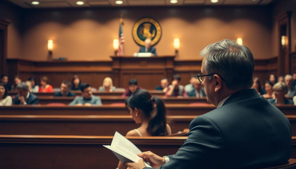 A high-stakes courtroom setting, with a judge presiding from an elevated bench, sternly examining legal documents. In the foreground, a defendant nervously sits, flanked by their experienced DWI attorney, their body language conveying a serious, focused demeanor. Behind them, rows of wooden benches accommodate a solemn audience, their expressions reflecting the gravity of the proceedings. Soft, warm lighting illuminates the scene, casting a somber, contemplative mood. The scene is captured from a slightly elevated angle, lending a sense of authority and importance to the court process unfolding before the viewer.