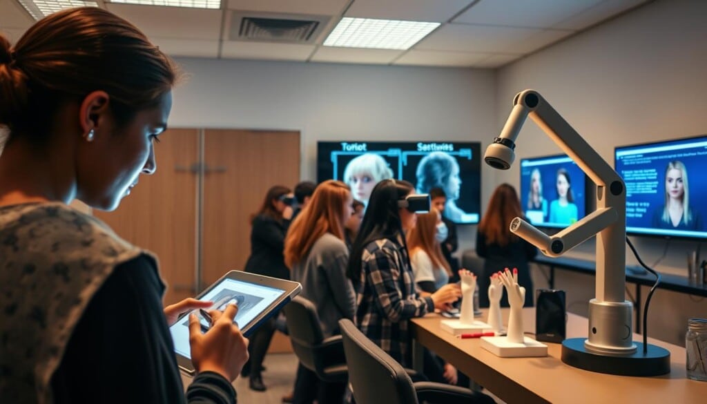 A high-tech cosmetology classroom, bathed in warm, soft lighting. In the foreground, a student intently examines a digital makeup rendering on a tablet, their face illuminated by the screen's glow. In the middle ground, a group of students clustered around a virtual reality setup, immersed in a 3D hair styling simulation. In the background, a wall-mounted touchscreen displays step-by-step tutorials, while a robotic nail polish applicator precisely paints model nails. The atmosphere is one of focused learning, where cutting-edge technology seamlessly integrates with traditional cosmetology techniques, preparing the next generation of beauty professionals.