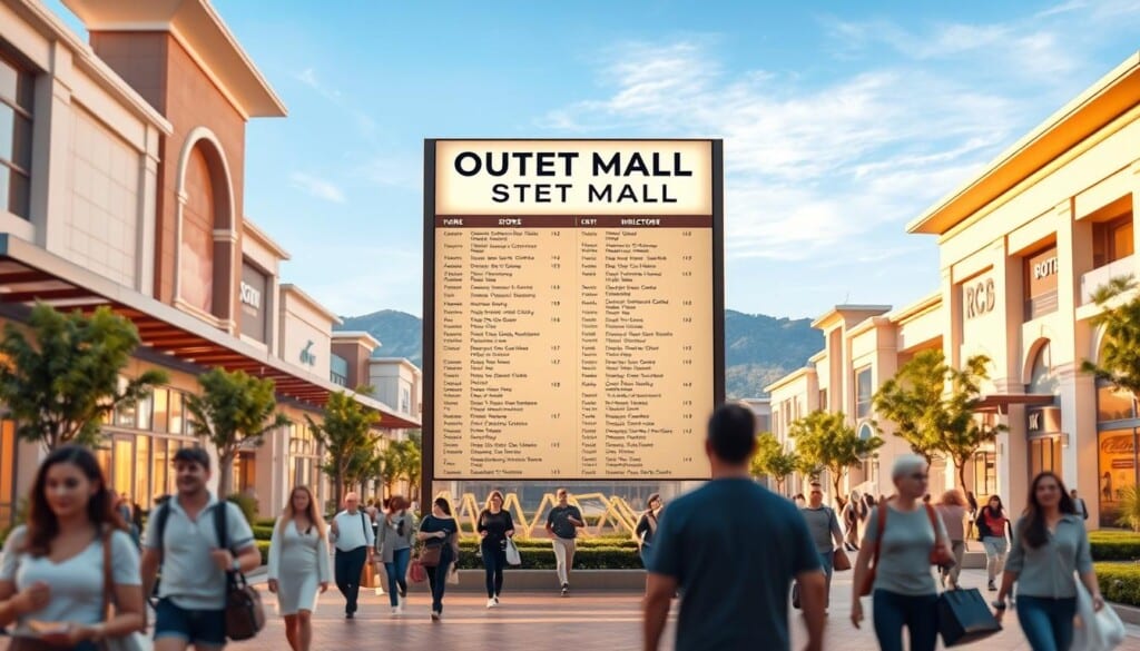 A highly detailed, photorealistic directory sign for an expansive outlet mall, positioned in the center of the frame. The sign is illuminated by warm, soft lighting, casting a welcoming glow across the scene. In the foreground, shoppers navigate the bustling pathways, their figures subtly blurred to draw the eye toward the prominent directory. The background features a harmonious blend of modern architecture, lush landscaping, and a clear, azure sky, creating a sense of balance and tranquility. The directory itself is meticulously rendered, showcasing each store's name and location with crisp typography and intuitive organization, guiding the viewer through the mall's layout.