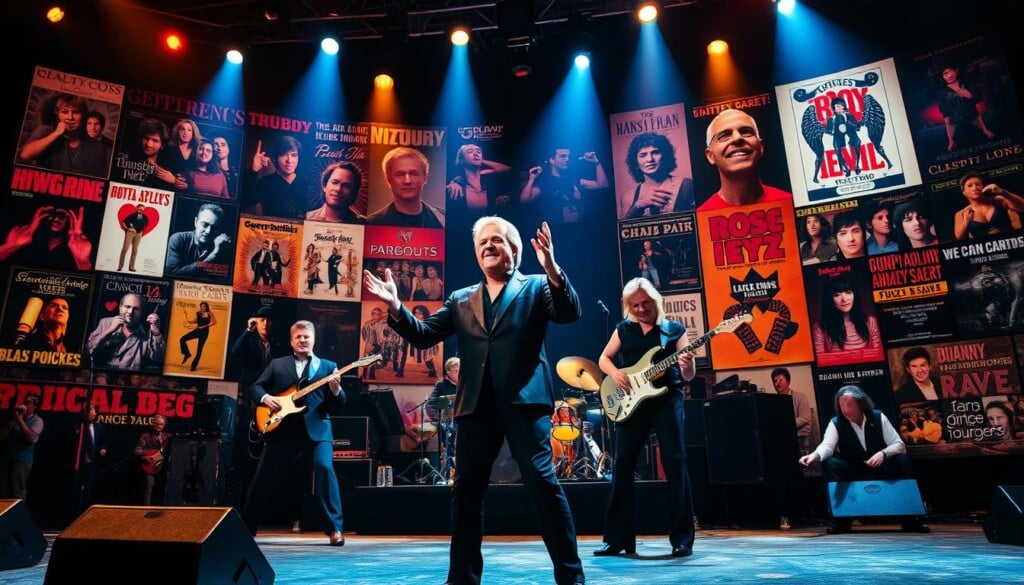 A historic timeline of iconic tribute bands performing on a grand stage, illuminated by warm, theatrical lighting. In the foreground, a charismatic lead singer channels the essence of a legendary musical icon, gesturing passionately. Behind them, the band members expertly recreate the distinctive sounds of the original act, their instruments gleaming under the spotlight. In the background, a collage of famous album covers and concert posters from celebrated tribute acts, capturing the evolving legacy of homage and celebration across generations of music fans.