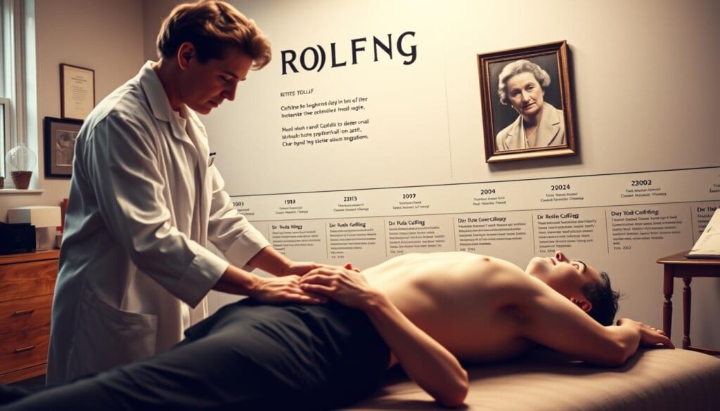A historical scene depicting the origins of Rolfing therapy. In the foreground, a mid-20th century medical office setting with a practitioner performing a Rolfing session on a patient. The practitioner's hands are firmly applied to the patient's body, showcasing the deep tissue manipulation techniques. In the middle ground, a portrait of Dr. Ida Rolf, the founder of Rolfing, gazes contemplatively. The background features a timeline of key events and milestones in the development of Rolfing, from its beginnings in the 1940s to its evolution as a holistic approach to structural integration. The lighting is warm and inviting, capturing the clinical yet soothing atmosphere of a Rolfing session. The camera angle is slightly elevated, providing a comprehensive view of this pivotal moment in the history of alternative healthcare.