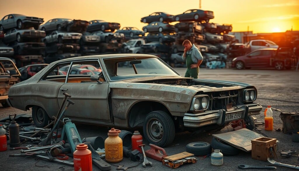 A junkyard with a partially disassembled old car in the foreground, surrounded by various tools and equipment like wrenches, jacks, and oil cans. In the middle ground, a mechanic inspects the car, wearing coveralls and a tool belt. In the background, stacks of crushed and flattened cars await removal, bathed in the warm glow of sunset lighting. The scene conveys a sense of the methodical process of preparing a vehicle for junk car removal, with an atmosphere of practical, hands-on work.