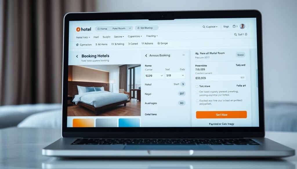 A laptop screen displaying a hotel booking website, with a clean and intuitive interface showcasing available room options, pricing, and payment methods. The foreground features a modern and minimalist design, with large, high-quality images of hotel rooms, and clear, concise information about amenities, dates, and rates. The middle ground presents a seamless booking process, with dropdown menus, calendars, and secure payment integration. The background subtly suggests a sense of tranquility and comfort, with soft lighting and muted colors that evoke the luxury and relaxation of a hotel stay. The overall atmosphere is one of efficiency, professionalism, and the ease of planning the perfect getaway.