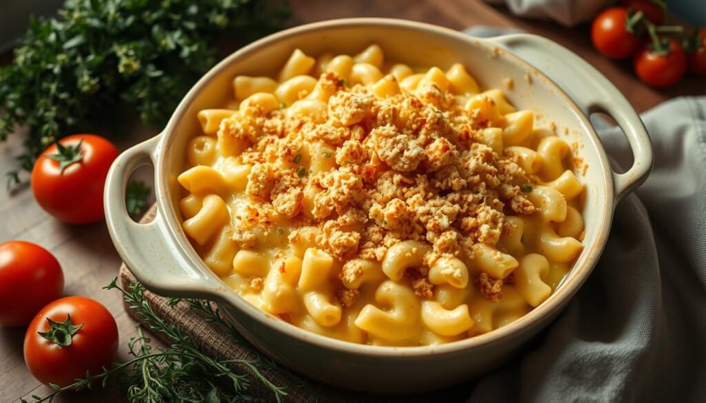 A large ceramic baking dish filled with creamy, golden-yellow mac and cheese, sprinkled with crispy, buttery breadcrumbs. The dish is surrounded by fresh herbs, such as thyme and parsley, and complemented by a few ripe, juicy tomatoes. The scene is bathed in warm, soft lighting, creating a cozy, inviting atmosphere. The image is captured from a slightly overhead angle, showcasing the dish's comforting, homemade appeal. The focus is sharp, drawing the viewer's attention to the rich, melted cheese and the perfect balance of textures.