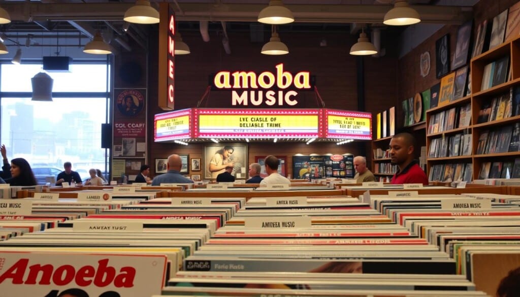 A large, well-lit record store interior with wooden shelves and vintage decor. In the foreground, several rows of classic vinyl records by the Amoeba Music label, their colorful album covers prominently displayed. In the middle ground, customers browsing the extensive selection, their faces partially obscured. The background features the iconic Amoeba Music storefront, its distinctive marquee illuminated against a hazy Los Angeles cityscape. The overall scene evokes the vibrant, eclectic energy of this legendary independent music retailer.