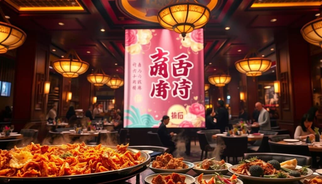 A lavish Chinese restaurant interior, dimly lit with warm, golden-hued lighting. In the foreground, a display of tantalizing dishes, steaming hot and artfully presented. In the middle ground, a prominent banner showcasing the restaurant's current promotion, featuring vibrant colors and traditional Chinese motifs. The background is a bustling scene, with servers gracefully weaving between tables and patrons enjoying their meals in a convivial atmosphere. The overall mood is one of refined elegance and cultural celebration, inviting the viewer to experience the special events and promotions that make this Chinese restaurant a must-visit destination.