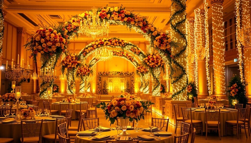 A lavish and meticulously decorated event space, bathed in warm, ambient lighting casting a golden glow. In the foreground, an elegant table setting with intricate floral centerpieces, ornate candelabras, and gleaming silverware. The middle ground showcases ornamental arches draped with cascading flowers and vines, creating a lush and romantic atmosphere. In the background, towering columns adorned with dazzling fairy lights, their soft radiance reflecting off the polished marble floors. The overall scene exudes a sense of opulence, sophistication, and attention to every detail, perfectly capturing the essence of a memorable and visually stunning event.