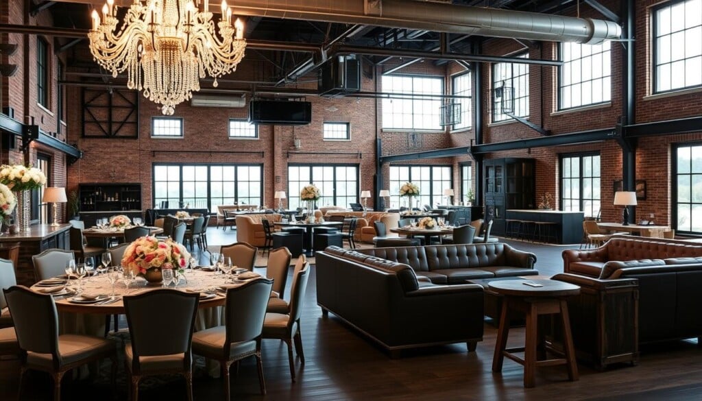 A lavish event space adorned with a diverse array of premium rental items, showcasing their versatility and elegance. In the foreground, a stunning crystal chandelier casts a warm, soft light over a sprawling table set with ornate tableware, plush velvet chairs, and a cascading floral centerpiece. In the middle ground, custom-built furniture, including a sleek leather sectional and distressed wooden barstools, create cozy lounge areas. The background features an open-concept layout with high ceilings, exposed brick walls, and floor-to-ceiling windows, allowing natural light to flood the space and accentuate the carefully curated decor. The overall atmosphere evokes a sense of sophistication, comfort, and a touch of industrial chic, inspiring guests to imagine the endless possibilities for their own event.