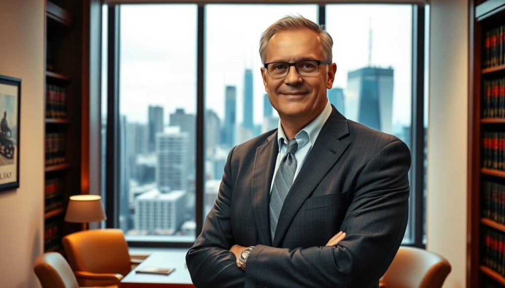 A law office interior with warm lighting and a sense of professionalism. In the foreground, a middle-aged man in a suit stands confidently, his expression denoting expertise and compassion. Behind him, a large window offers a view of a bustling city skyline, symbolizing the urban landscape where truck accidents commonly occur. Bookshelves and legal documents line the walls, conveying the attorney's wealth of knowledge. The overall mood is one of trustworthiness and the promise of skilled legal representation for those affected by trucking accidents.
