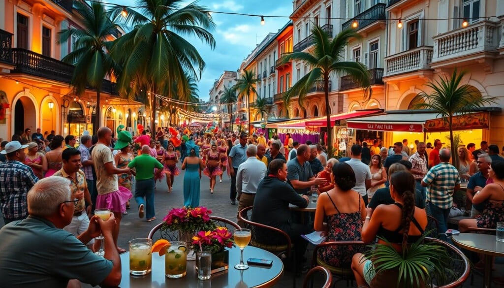 A lively Cuban street festival in Havana, with vibrant parades, energetic dancers in colorful costumes, and a crowd of revelers enjoying mojitos and rum cocktails. In the foreground, a group of friends celebrate at a cozy outdoor cafe, tables adorned with tropical flowers and strings of twinkling lights. In the background, historic colonial buildings frame the scene, their facades bathed in warm, golden lighting. The atmosphere is one of joyful celebration, music, and the unique blend of Cuban culture and hospitality.