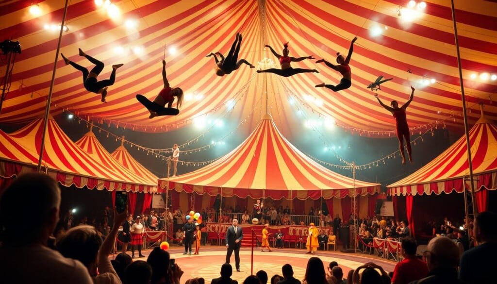 A lively and vibrant family-friendly circus scene filled with acrobatic performers, colorful tents, and excited spectators. In the foreground, skilled acrobats gracefully soar through the air, their bodies twisting and turning with effortless precision. The middle ground showcases a variety of circus acts, from clowns juggling vibrant balls to high-wire walkers balancing with poise. In the background, the big top tent looms, its striped fabric casting a warm, inviting glow. The lighting is soft and diffused, creating a magical, almost dreamlike atmosphere. The overall mood is one of wonder, joy, and pure entertainment, perfectly capturing the essence of a dazzling American circus.