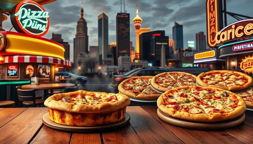 A lively collage of iconic American pizza joints, captured in a vibrant, photographic style. In the foreground, a steaming, deep-dish pizza sits atop a weathered wooden table, surrounded by neon signs and vintage decor that evoke the classic diner atmosphere. In the middle ground, a diverse array of regional specialties unfold, from New York-style thin crust to Chicago-style stuffed, each bursting with toppings. In the background, the cityscape of major US metropolitan areas frames the scene, with skyscrapers and landmarks hinting at the nationwide reach of these beloved eateries. Warm lighting and a slightly vintage aesthetic lend a nostalgic, appetizing ambiance to the overall composition.