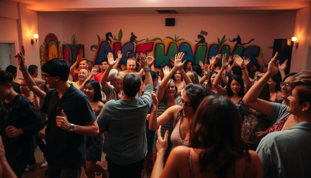 A lively community dance gathering, captured with a wide-angle lens. In the foreground, a diverse group of people move in sync, their bodies swaying to the rhythmic beats of live music. The middle ground reveals an energetic crowd, hands raised, faces alight with joy. In the background, a vibrant mural adorns the walls, complementing the festive atmosphere. Warm, diffused lighting bathes the scene, creating a sense of intimacy and togetherness. The overall composition conveys a palpable feeling of cultural celebration and the unifying power of communal dance.