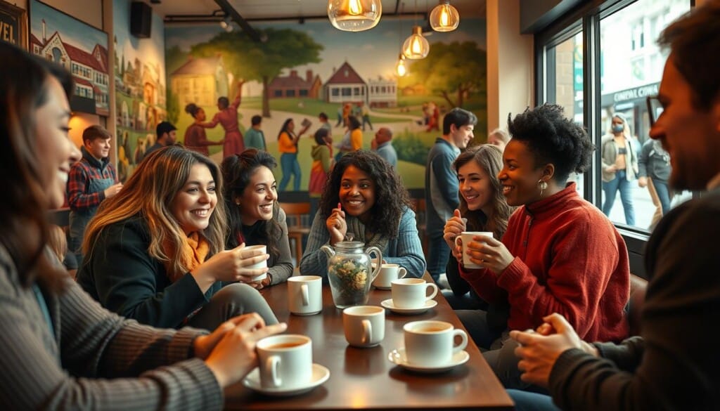 A lively community engagement scene, featuring a group of diverse individuals gathered in a cozy local cafe. In the foreground, friends are engaged in friendly conversation, sharing ideas and experiences over steaming cups of coffee. The middle ground showcases a vibrant mural depicting scenes of community life, creating a warm and inviting atmosphere. In the background, the cafe's large windows offer a glimpse of the bustling street outside, with passersby adding to the energetic and inclusive environment. Soft, diffused lighting casts a natural glow, while the use of a wide-angle lens captures the sense of togetherness and connection. Overall, the image conveys a mood of collaboration, discovery, and a deep appreciation for the local community.