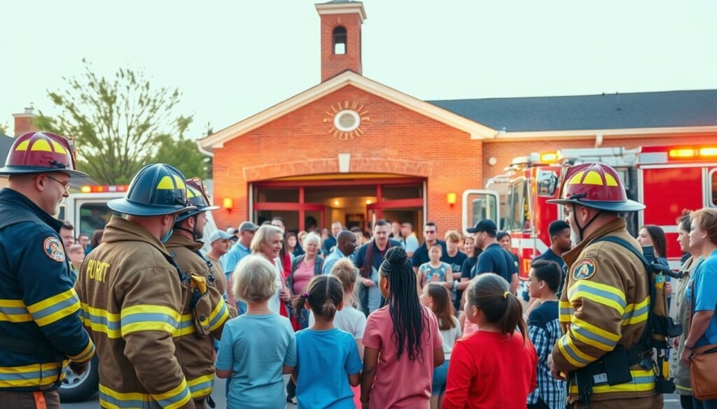 A lively community event hosted by a local volunteer fire department, with firefighters engaged in various outreach activities. In the foreground, firefighters in full gear demonstrate fire safety equipment and interact with eager children. In the middle ground, a crowd of diverse community members gathers around a fire engine, listening intently as firefighters explain their roles and responsibilities. In the background, the fire station's facade provides a striking backdrop, its red brick walls and tall, proud tower evoking a sense of tradition and service. Warm, soft lighting bathes the scene, creating a welcoming and inclusive atmosphere, reflective of the fire department's commitment to public engagement and community well-being.