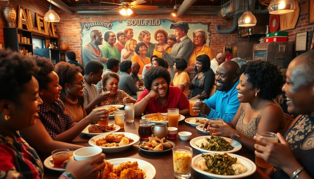 A lively community gathering at a cozy soul food restaurant, with patrons enjoying hearty plates of fried chicken, collard greens, and cornbread. The foreground features a diverse group of friends and families laughing and conversing over steaming mugs of sweet tea. The middle ground showcases the restaurant's warm, inviting ambiance, with vintage decor, exposed brick walls, and a bustling open kitchen. In the background, a mural celebrating local culture and history adds depth and character to the scene. Soft, golden lighting casts a comforting glow, capturing the sense of camaraderie and shared experience that defines the soul food dining experience.