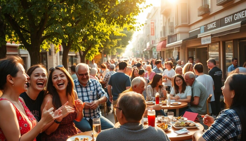 A lively community gathering in a vibrant urban setting, with a diverse group of people engaged in conversation, sharing meals, and enjoying the atmosphere. Warm afternoon sunlight filters through the trees, casting a cozy glow on the scene. In the foreground, a group of friends laughs and gestures animatedly, their faces full of delight. In the middle ground, families and colleagues sit at tables, savoring local cuisine and exchanging stories. In the background, a bustling street with storefronts and signage showcases the vibrant neighborhood. The overall mood is one of connection, community, and the joyful experience of dining together.