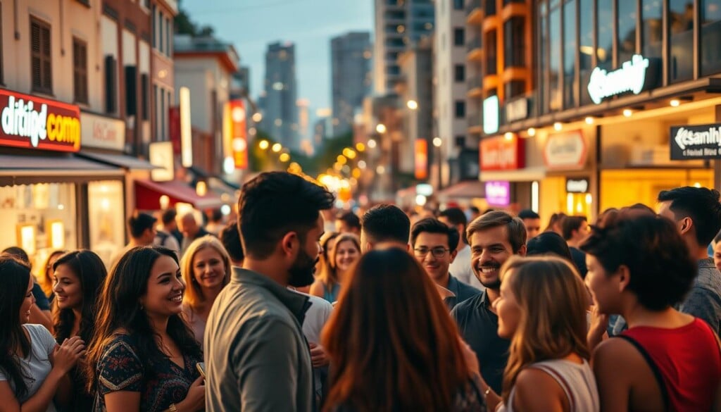A lively community gathering in a vibrant urban setting. In the foreground, a diverse group of people engage in animated conversations, their expressions conveying a sense of connection and belonging. The middle ground features a bustling street lined with local shops and cafes, their facades adorned with colorful signage and window displays. In the background, the silhouettes of modern high-rises and the faint glow of city lights create a dynamic and energetic atmosphere. Warm, diffused lighting illuminates the scene, casting a cozy and inviting ambiance. The composition is framed with a wide-angle lens, capturing the energy and liveliness of this tight-knit community.