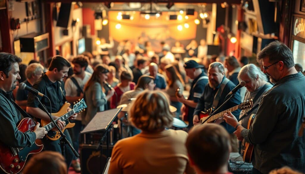 A lively gathering of musicians passionately immersed in their craft, surrounded by a diverse community of music enthusiasts. The foreground features a group of instrumentalists and vocalists intently practicing their renditions of iconic songs, their faces alight with energy and camaraderie. In the middle ground, a bustling scene unfolds, with fans mingling, merchandise stalls, and a palpable sense of shared excitement. The background is softly blurred, hinting at the vibrant atmosphere of a local music venue, its warm lighting and stage setup creating an inviting, atmospheric ambiance. Capture the essence of musicians joining forces to honor their musical heroes, fostering a vibrant and inclusive tribute band community.