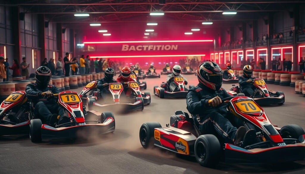 A lively go-kart party scene with groups of friends racing around a brightly lit indoor go-kart track. In the foreground, a tight group of competitive racers neck-and-neck as they whip through sharp turns, kicking up dust and tire smoke. In the middle ground, spectators cheer from the sidelines, some enjoying snacks and beverages. The background features an expansive arena with neon-lit walls, a high-ceilinged space that amplifies the exhilarating atmosphere. Dramatic, cinematic lighting casts dramatic shadows and highlights the vibrant colors of the go-karts and racing suits. The overall mood is one of unbridled excitement, camaraderie, and sheer racing thrills.