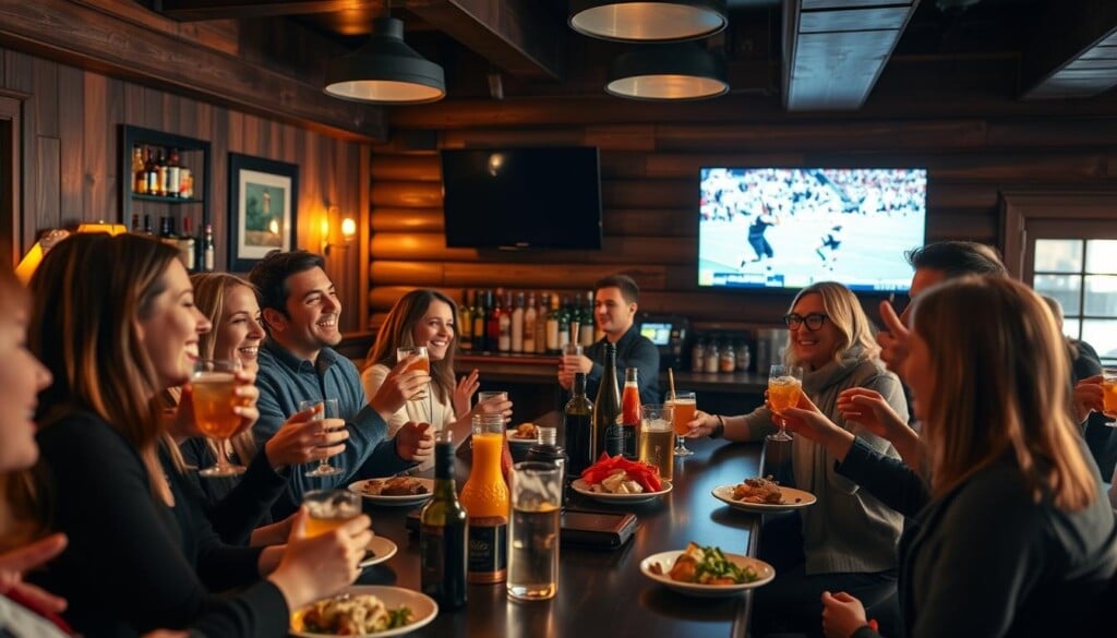 A lively group of friends gathered around a cozy wooden bar and grill, savoring craft cocktails and sharing plates of delectable pub fare. The atmosphere is warm and inviting, with soft lighting casting a golden glow over the scene. In the foreground, friends laugh and converse, their animated gestures and expressions conveying a sense of camaraderie. The middle ground features a well-stocked bar with an array of liquor bottles, as bartenders skillfully mix drinks. In the background, a wall-mounted flat-screen television plays sports highlights, adding to the casual, social ambiance. The overall composition evokes the perfect setting for a memorable group dining experience at a vibrant bar and grill.