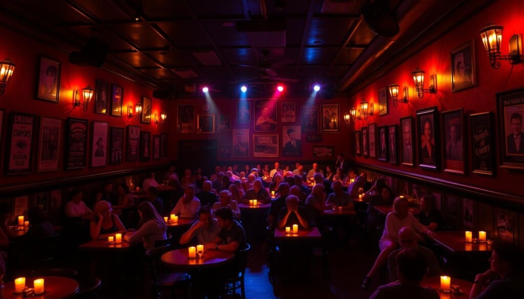 A lively interior of a classic American comedy club, with a dimly lit stage in the foreground, bathed in warm spotlights. The middle ground features rows of tables and chairs filled with a lively audience, their faces lit by the glow of candles and small lamps. In the background, the club's walls are adorned with framed comedy posters and memorabilia, creating a cozy, intimate atmosphere. The lighting is a combination of soft, ambient illumination and dramatic, theatrical spotlights, lending a sense of anticipation and excitement to the scene. The overall mood is one of energy, laughter, and the vibrant spirit of stand-up comedy in the United States.