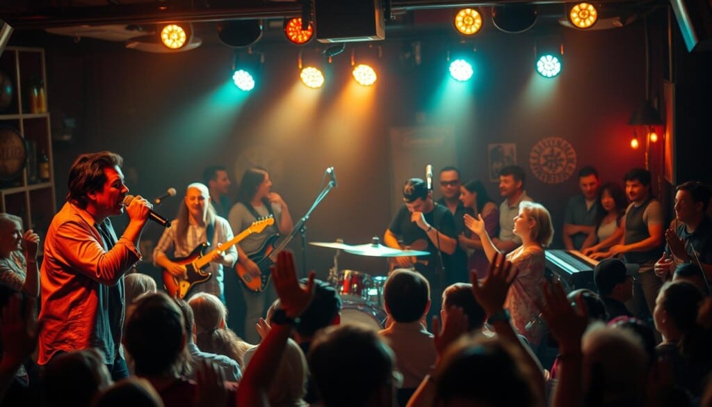 A lively local music scene, with a diverse array of performers taking the stage under warm stage lights. In the foreground, a charismatic singer commands the attention of the crowd, microphone in hand, their soulful voice filling the intimate venue. In the middle ground, a quartet of musicians - a guitarist, bassist, drummer, and keyboardist - groove in perfect harmony, their instruments chiming in a vibrant symphony. The background is a blur of swaying bodies, hands raised in applause, creating an atmosphere of energy and community. Soft, dramatic lighting casts a cinematic glow, capturing the essence of the local music experience.