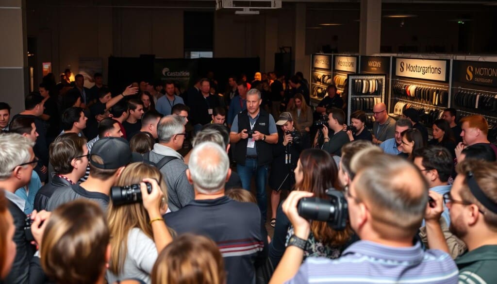 A lively scene of a local photography event unfolds, with enthusiasts gathered around a central stage. In the foreground, attendees excitedly discuss their latest captures, their cameras and lenses gleaming under the warm, diffused lighting. In the middle ground, a skilled photographer presents their work, gesturing animatedly as the audience leans in, captivated. In the background, booths showcase the latest photography gear, drawing curious onlookers who test out the latest equipment under the watchful eye of knowledgeable salespeople. The atmosphere is electric, a harmonious blend of creative energy, camaraderie, and a shared passion for the art of photography.