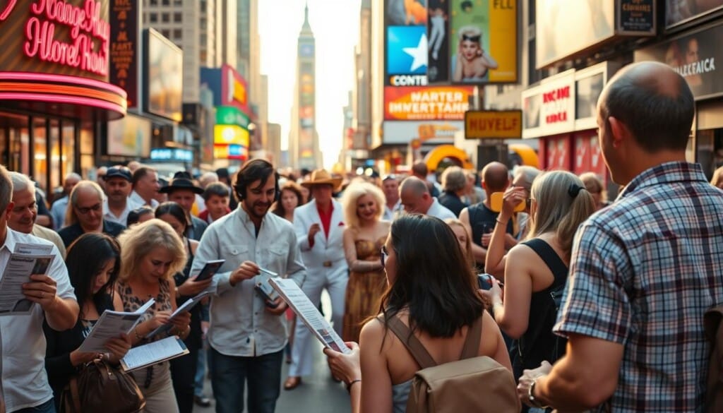 A lively street scene with people eagerly searching for local impersonators. In the foreground, a group of people carrying clipboards and flyers, scanning the crowd. In the middle ground, various costumed individuals striking iconic poses, from Elvis to Marilyn Monroe, drawing the attention of passersby. The background is a bustling urban landscape, with neon signs and billboards hinting at the vibrant entertainment district. The lighting is warm and inviting, creating a sense of excitement and anticipation. The camera angle is slightly elevated, capturing the energy and dynamism of the scene.