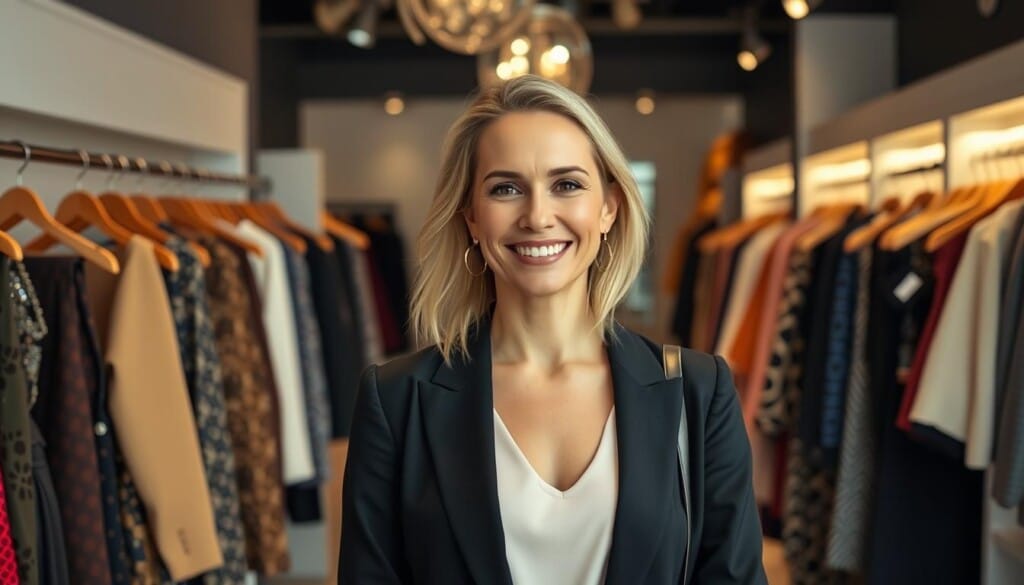 A local personal shopper stands in a modern, chic boutique, surrounded by carefully curated clothing and accessories. She is dressed impeccably, her warm smile and attentive gaze conveying a deep understanding of fashion and personal style. The lighting is soft and natural, highlighting the rich textures and vibrant colors of the merchandise. The scene exudes an atmosphere of personalized service, exclusivity, and the promise of a transformative shopping experience tailored to the individual's unique needs and preferences.