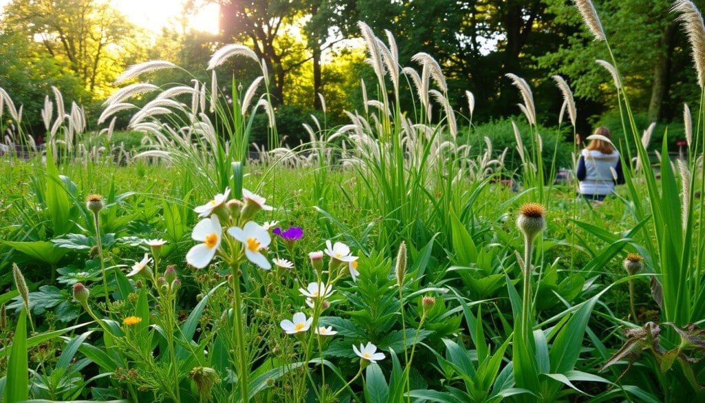 A lush and vibrant garden bursting with a diverse array of native plants. In the foreground, a cluster of delicate wildflowers in soft pastel hues sway gently in the breeze. The midground showcases a mix of tall, swaying grasses and verdant foliage, creating a natural, layered landscape. In the background, a sun-dappled forest canopy filters warm, golden light, casting a serene, tranquil atmosphere. The scene is captured with a wide-angle lens, allowing the viewer to fully immerse themselves in the beauty and harmony of this thriving, sustainable ecosystem.