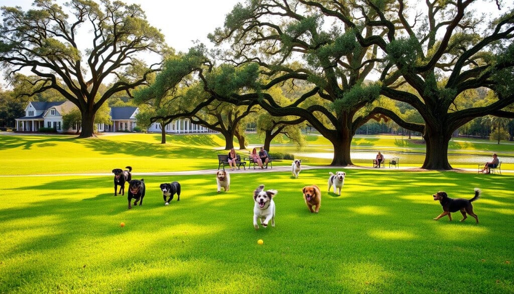 A lush, sun-dappled park with verdant rolling hills and towering oak trees, providing ample shade for playful pups. In the foreground, happy dogs frolic on well-maintained grass, chasing after brightly colored balls. The middle ground features families and their canine companions relaxing on park benches or strolling along paved walkways. In the background, a backdrop of Southern-style buildings and tranquil ponds, creating a serene and inviting atmosphere. Warm, golden lighting illuminates the scene, capturing the joy and tranquility of this dog-friendly oasis in the heart of the South.