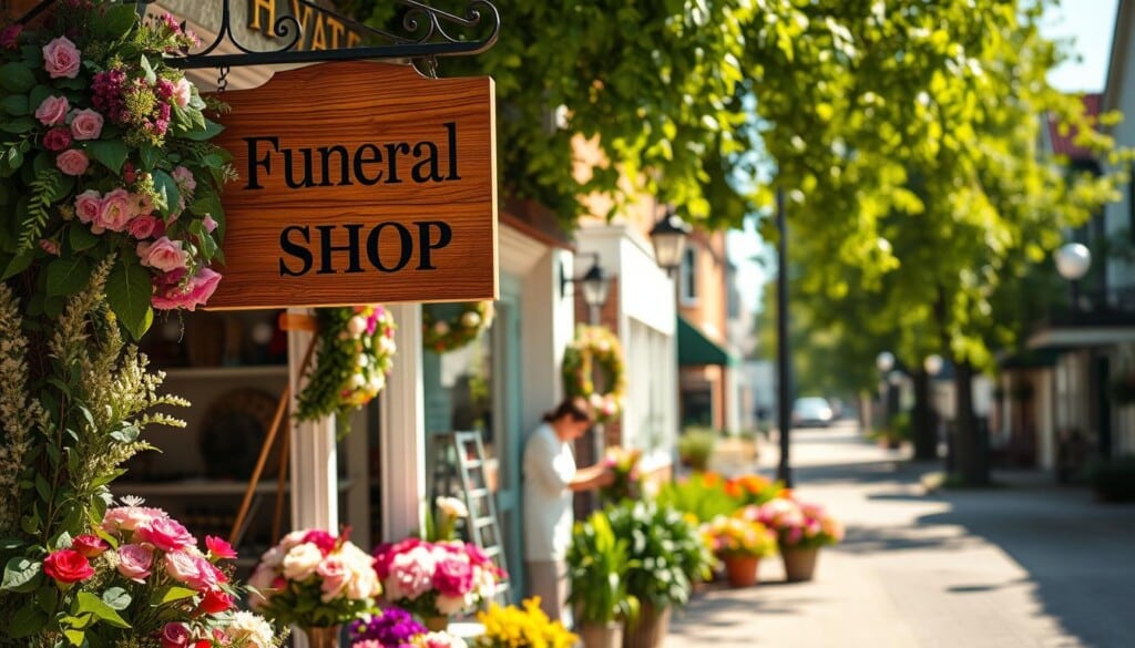 A lush, sunlit scene of a local funeral flower shop, its storefront adorned with an elegantly curated display of vibrant bouquets, wreaths, and potted plants. In the foreground, a wooden sign hangs invitingly, beckoning passersby to explore the shop's offerings. The middle ground reveals the interior, where a skilled florist carefully arranges fresh blooms, their hands moving with practiced precision. The background showcases the charming neighborhood, with quaint buildings and a tree-lined street creating a serene, comforting atmosphere. The overall mood is one of care, attention to detail, and a warm, community-driven spirit.