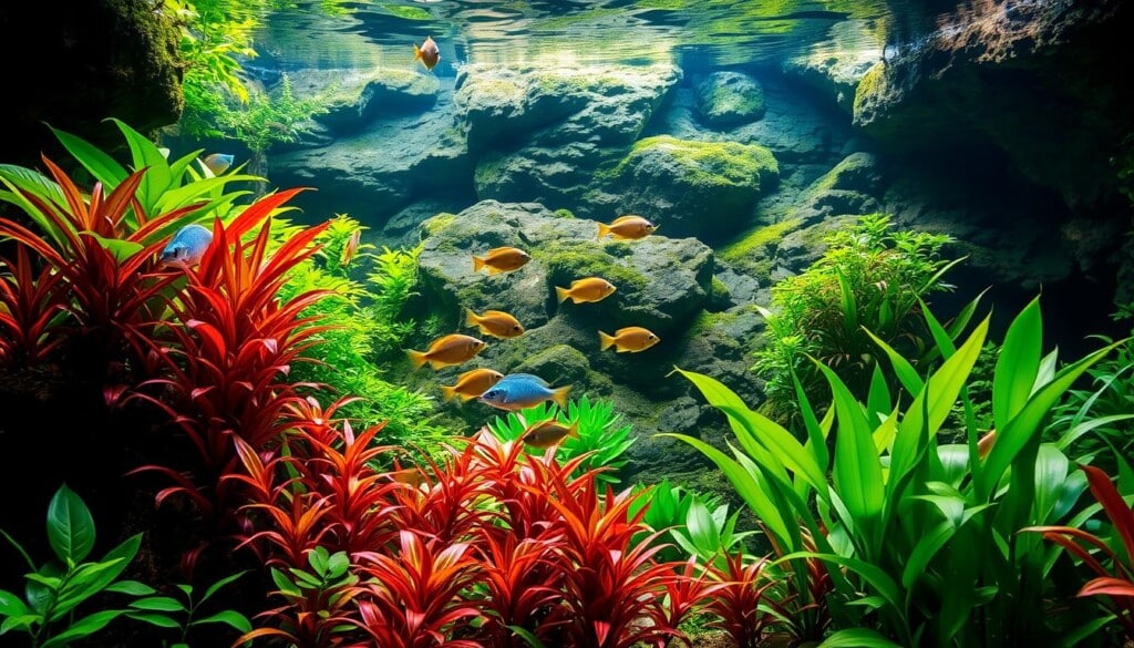 A lush, underwater garden with vibrant aquatic plants swaying gracefully in the current. The foreground features a dense arrangement of colorful, leafy aquatic plants, their stems and leaves creating intricate patterns. In the middle ground, a school of tropical fish dances through the verdant landscape, their scales shimmering in the soft, ambient lighting. The background reveals a rocky, cave-like structure, its weathered surfaces covered in moss and algae, adding depth and a sense of mystery to the scene. The overall composition conveys a serene, harmonious balance between the aquatic life and the carefully curated environment, capturing the essence of aquascaping.