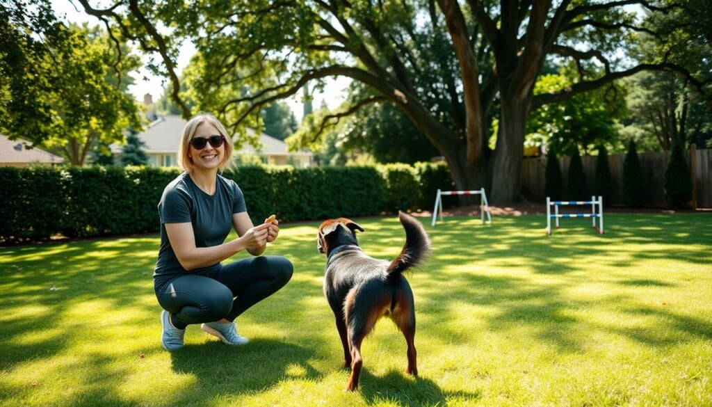 A lush, verdant backyard setting, with a well-manicured lawn and towering trees providing dappled sunlight. In the foreground, a cheerful pet owner, dressed in casual activewear, kneels beside their attentive canine companion, offering treats and using positive reinforcement techniques to guide the pet through a series of obedience commands. The pet, a well-groomed and alert breed, responds eagerly, its tail wagging with enthusiasm. In the middle ground, a small agility course comes into view, complete with obstacles and hurdles, hinting at the diverse training activities taking place. The background showcases a picturesque suburban landscape, with neatly trimmed hedges and a wooden fence, conveying a sense of tranquility and security. The overall scene emanates a warm, inviting atmosphere, capturing the essence of effective outdoor pet training in a serene, naturalistic setting.