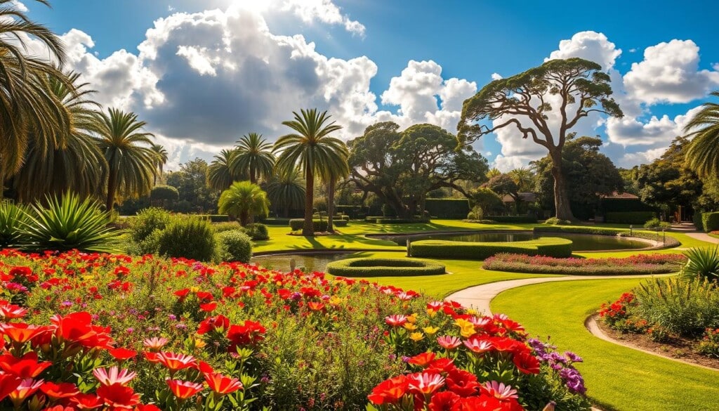 A lush, verdant botanical garden stretches out before the viewer, bathed in warm, golden sunlight filtering through fluffy clouds. In the foreground, vibrant flower beds burst with a kaleidoscope of colors, their petals gently swaying in a light breeze. Meandering pathways wind through the scene, inviting exploration. In the middle ground, towering palm trees and ancient oaks provide dappled shade, their leaves rustling softly. In the distance, a tranquil pond reflects the azure sky above, surrounded by meticulously landscaped gardens. The overall atmosphere is one of serene beauty, a harmonious blend of nature's finest elements.