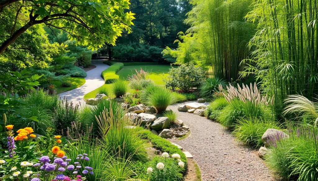 A lush, verdant garden oasis with vibrant, diverse foliage and carefully curated native plants. Winding gravel paths lead through a serene landscape, where a small pond reflects the gentle sunlight dappling through the canopy of mature trees. In the foreground, a mix of flowering perennials and ornamental grasses sway softly in a light breeze. The middle ground features strategically placed boulders and a dry creek bed, blending seamlessly with the natural topography. Tall, swaying bamboo stands in the background, creating a sense of privacy and tranquility. The overall scene conveys a harmonious balance between human design and nature, embodying the principles of sustainable landscaping.