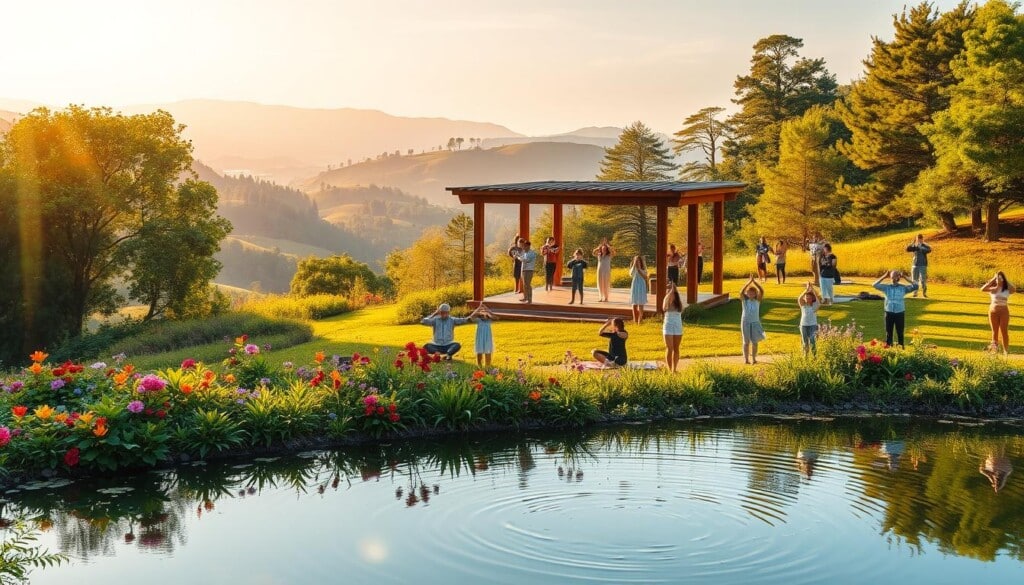 A lush, verdant landscape bathed in warm, golden sunlight. In the foreground, a serene pond reflects the tranquil sky, its surface rippling gently. Flourishing plants and flowers of vibrant hues surround the pond, creating a soothing, natural atmosphere. In the middle ground, a wooden pavilion stands, its simple, elegant design blending seamlessly with the environment. People of diverse ages and backgrounds engage in various wellness activities, such as yoga, meditation, and tai chi, radiating a sense of harmony and balance. The background features rolling hills, towering trees, and a distant horizon, conveying a feeling of expansiveness and connection with the natural world. The overall scene evokes a vision of sustainable, holistic wellness integrated into the rhythm of the Earth.