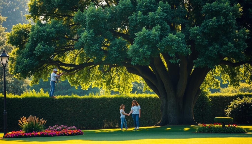 A lush, verdant landscape with a serene, mature tree as the focal point. The tree's thick canopy casts a gentle shadow, creating a soothing ambiance. In the foreground, a well-manicured lawn and vibrant floral beds surround the tree, showcasing its harmonious integration with the natural environment. The middle ground features a family enjoying the tree's shade, with a father pruning the branches and a mother and children appreciating the tree's beauty. The background is a soft, hazy blur, allowing the tree and its caretakers to take center stage. The scene is illuminated by warm, natural lighting, creating a sense of tranquility and the benefits of professional tree care.