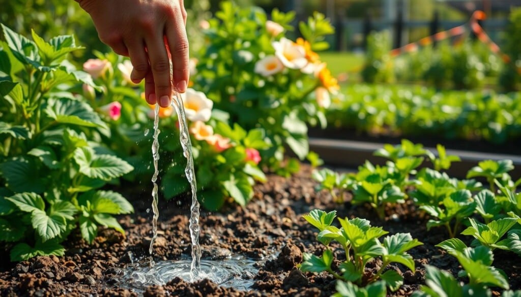 A lush, vibrant garden scene showcasing effective watering techniques. In the foreground, a gardener's hand gently guides a steady stream of water onto the soil, nourishing the roots of thriving plants. In the middle ground, verdant foliage and blooming flowers sway in the soft breeze, their leaves glistening with droplets. The background features a well-tended vegetable patch, with rows of healthy produce thriving under the warm, natural light. The composition captures the tranquility and harmony of a well-watered garden, inviting the viewer to appreciate the care and attention required for a thriving, lush outdoor oasis.