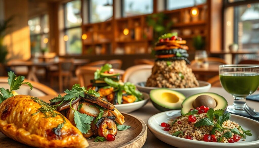 A lush, vibrant scene of contemporary Argentine cuisine trends, captured in a high-resolution, photorealistic style. In the foreground, an array of plant-based dishes: a sizzling empanada filled with roasted vegetables, a tower of grilled eggplant and zucchini drizzled in chimichurri, a quinoa salad with fresh herbs and pomegranate seeds. The middle ground features a table setting with minimalist ceramic dishware, artfully arranged with sliced avocado and a glass of yerba mate. In the background, a softly lit, modern restaurant interior with natural wood tones and floor-to-ceiling windows, hinting at the urban sophistication of this new wave of Argentine gastronomy. Warm, golden lighting casts a welcoming glow, creating an atmosphere of culinary innovation and cultural vibrancy.