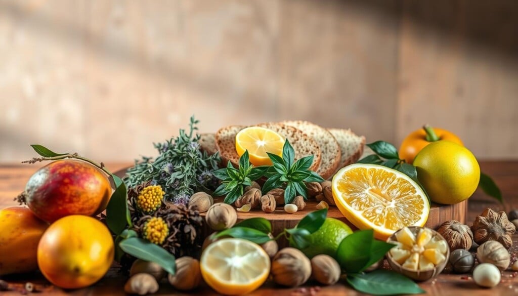 A lush, vibrant still life arrangement showcasing a selection of popular Australian ingredients. In the foreground, an array of fresh produce including juicy mangoes, fragrant lemon myrtle, and crisp macadamia nuts. In the middle ground, a wooden board displays slices of sourdough bread and a variety of native herbs and spices, such as native thyme, finger limes, and mountain pepper. The background features a backdrop of earthy tones, with a subtle play of natural light casting a warm glow over the scene. The overall composition exudes a sense of rustic elegance, inviting the viewer to imagine the delectable dishes that could be crafted using these quintessential Australian flavors.