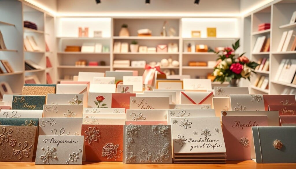 A lush, vibrant tableau of contemporary greeting card trends. In the foreground, an elegant array of cards in various shapes, colors, and textures - embossed, foiled, and adorned with delicate floral motifs. Behind them, a dynamic midground featuring an assortment of coordinating stationery items like notebooks, envelopes, and gift tags, all showcasing the latest design aesthetics. The background is a softly blurred scene of a modern, minimalist stationery store, with clean white shelves and hints of natural wood tones, bathed in warm, directional lighting that casts dramatic shadows and highlights the tactile qualities of the products. The overall composition conveys a sense of refined, yet approachable sophistication - a perfect reflection of the latest trends in the world of custom cards and stationery.