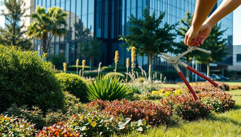 A lush, well-manicured office landscaped garden with a focus on sustainable maintenance practices. In the foreground, a person diligently pruning shrubs with precision pruning shears, their movements captured in a crisp, natural lighting. The middle ground showcases a diverse array of native flora, strategically planted to require minimal water and maintenance. In the background, a modern office building stands tall, its glass facade reflecting the sustainable garden below. The overall scene conveys a harmonious balance between nature and architecture, highlighting the commitment to eco-friendly property management.