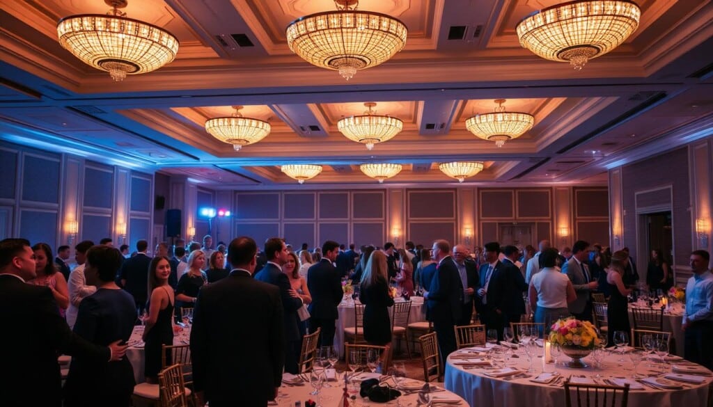 A luxurious ballroom with high ceilings, intricate chandeliers casting a warm glow, and elegant table settings adorned with fine china and crystal glassware. Guests dressed in formal attire mingle and converse, captured in candid moments of laughter and connection. The atmosphere exudes a sense of refined sophistication, inviting attendees to fully immerse themselves in the celebratory experience. Soft, ambient lighting creates a serene and inviting ambiance, while the carefully curated decor and layout suggest attention to detail and a commitment to creating a memorable event.