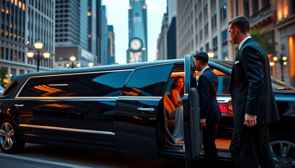 A luxurious black limousine parked on a city street, its sleek lines reflecting the surrounding skyscrapers and street lamps. The interior is visible through the tinted windows, hinting at plush leather seats and a bar. In the foreground, a well-dressed couple steps out, greeted by a professional chauffeur in a crisp uniform, ready to provide a seamless transportation experience. The background features a bustling urban landscape, conveying a sense of sophistication and exclusivity. Soft, warm lighting illuminates the scene, creating a welcoming and upscale atmosphere. This image captures the essence of the "best local limo services" for a memorable event.