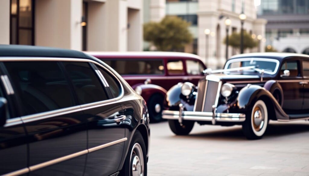 A luxurious, diverse fleet of event limousines, showcased in a meticulously crafted photographic composition. The foreground features a sleek, black stretch limo with chrome accents, its interior visible through tinted windows. In the middle ground, a vintage-inspired, burgundy-colored limousine commands attention, its elegant silhouette accentuated by soft, warm lighting. The background blurs into a refined, urban setting, hinting at the versatility of these vehicles for any high-end occasion. The image conveys a sense of sophistication, exclusivity, and the perfect balance of classic and contemporary styles, perfectly suited for the "Choosing the Right Limo for Your Event" section.