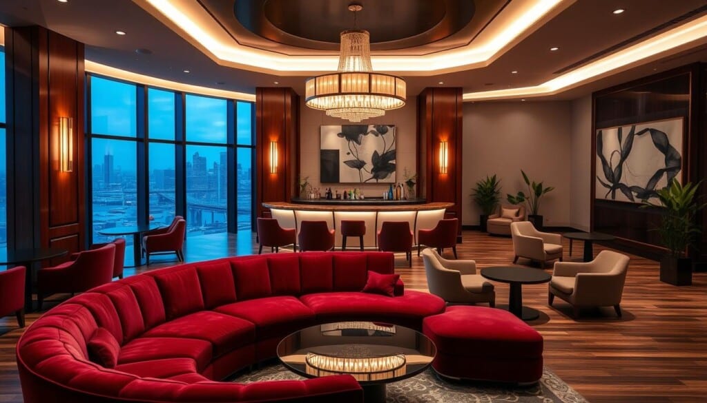 A luxurious modern lounge with plush velvet seating, polished wood accents, and soft ambient lighting. In the foreground, a curved sectional sofa in a rich burgundy hue invites guests to sink in and relax. Overhead, a statement chandelier casts a warm glow, while floor-to-ceiling windows offer a panoramic view of the cityscape beyond. The middle ground features a well-stocked bar with a gleaming glass countertop, alongside stylish armchairs and side tables for intimate conversation. In the background, artfully placed potted plants and modern abstract wall art create a refined, sophisticated atmosphere, perfect for an upscale lounge retreat.